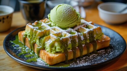 Wall Mural - Delicious Green Tea Waffle with Ice Cream and Sweet Sauce Drizzle