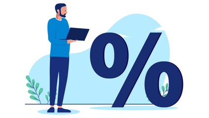 Leinwandbilder - Man and percentage sign - Casual business person with computer doing calculations on tax, saving, income or finances. Flat design illustration on white background