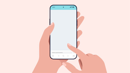 Poster - Vector phone mockup - Illustration of mobile smartphone with blank empty screen and hands using touchscreen. Flat design front view on beige background