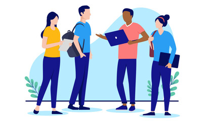 Aufkleber - Casual team of office business people colleagues standing talking and working together while having discussion. Flat design vector illustration on white background