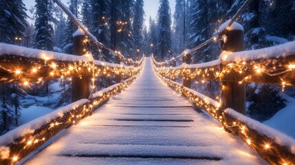 Poster - Snowy Bridge Decorated with Fairy Lights in Winter Wonderland Scene
