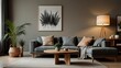 © ikhsan - Wooden table in front of couch in spacious living room interior with plants and lamps. Real photo