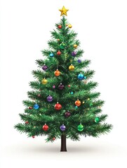 a christmas tree, festive element, flat vector design, bright green with colorful baubles, isolated 