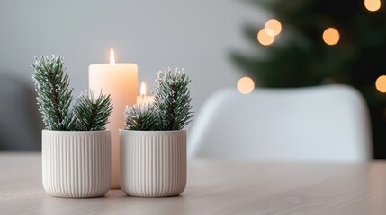 Aufkleber - Christmas table setting with burning candles and pine branches creating cozy ambiance