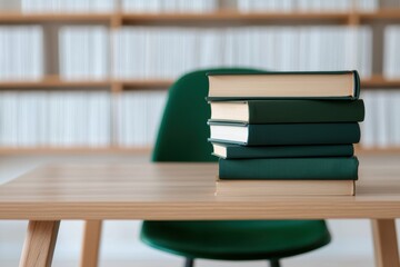 Poster - Stack of books on desk in modern study area symbolizing productivity
