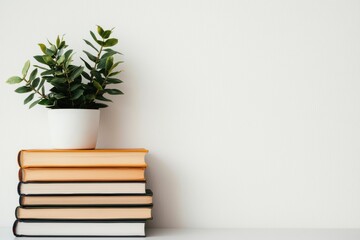 Poster - Potted plant resting on stack of books in minimalist home office