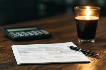 Aufkleber - Accountant calculating tax form with calculator and pen in dim lighting