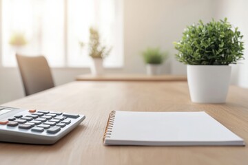 Poster - Empty desk with calculator and blank notebook symbolizing expense management