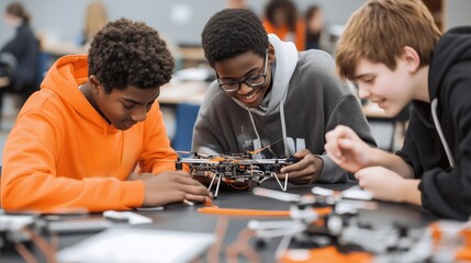 Poster - students engaged in hands-on drone building and programming in a modern classroom setting