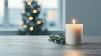 Aufkleber - Burning candle and pine branch creating cozy christmas atmosphere on table