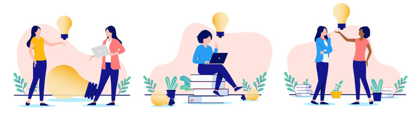 Poster - Entrepreneur women coming up with ideas collection - Set of illustrations with businesswomen and lightbulbs working in corporate setting. Flat design vector on white backgrounds