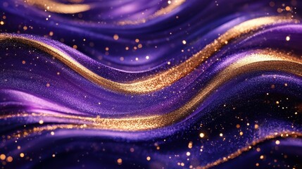 Poster - Glitter Violet Blue Gold Wave Stripes Design. Shiny golden moving lines design element on dark background