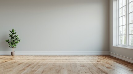 Aufkleber - Empty minimalist living room with potted plant and large window providing natural light