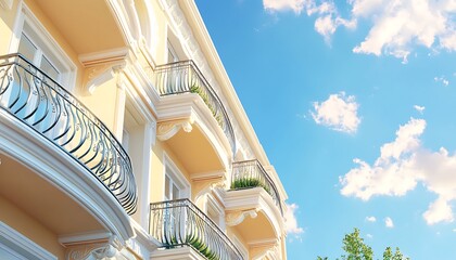 Aufkleber - A bright, elegant building with balconies, ornate railings, and lush greenery under a clear blue sky.