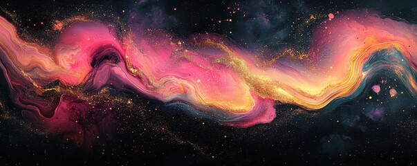 Wall Mural - grainy abstract background with a bright pink, olive, and gold glowing color wave on a black dark ba
