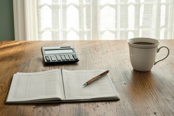 Aufkleber - Accountant reviewing financial records with calculator, pen, and coffee