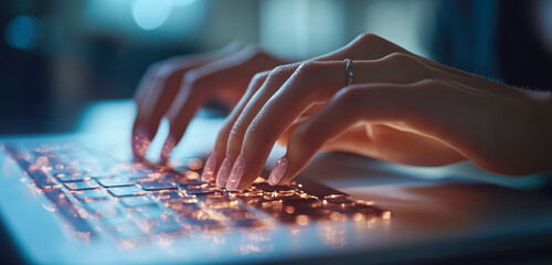 Poster - Business Woman Typing on Computer Keyboard, Online Work, Internet Browsing, Office Environment