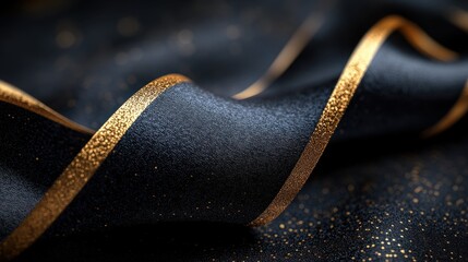 Poster - Elegant black and gold ribbon gracefully curving against a dark background, creating a striking visual contrast and festive atmosphere