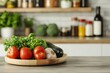 © oksa_studio - Fresh vegetables and herbs on wooden tray in kitchen setting