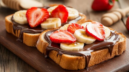 Poster - Delicious Toast with Banana and Strawberry Topping on Wooden Board