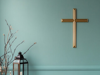 Wall Mural - A sleek gold cross on a muted teal wall with