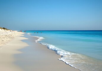 Poster - A serene beach scene with gentle waves lapping at soft, sandy shores under a clear blue sky, inviting relaxation and enjoyment of nature.