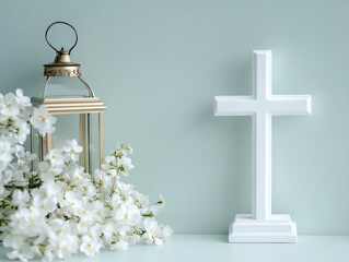 Canvas Print - A white cross on a light mint wall with a del