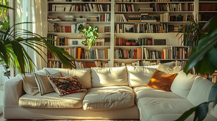 Wall Mural - Sunlit Living Room with Sectional Sofa, Abundant Bookshelves, and Lush Greenery