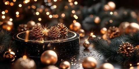 Wall Mural - Festive decorations featuring gold pinecones and ornaments set against a blurred background of holiday lights