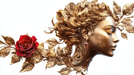 Wall Mural - A stylized gold beautiful queen head, A single red diamond rose with gold leaves is positioned beside the head, white background isolated PNG