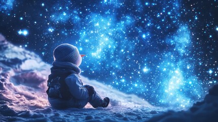 Wall Mural - snowman under a sky filled with blue stars