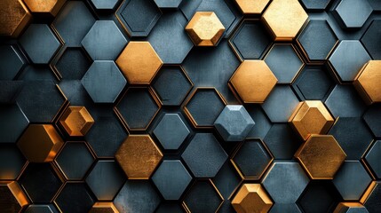Poster - hexagonal 3d shape texture wall with gold, brown, gray, and black background. abstract futuristic lu