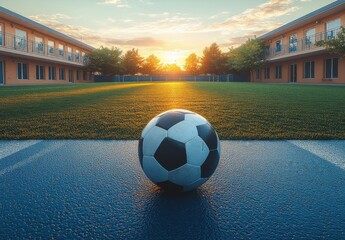 Wall Mural - A soccer ball is sitting on the grass in a stadium