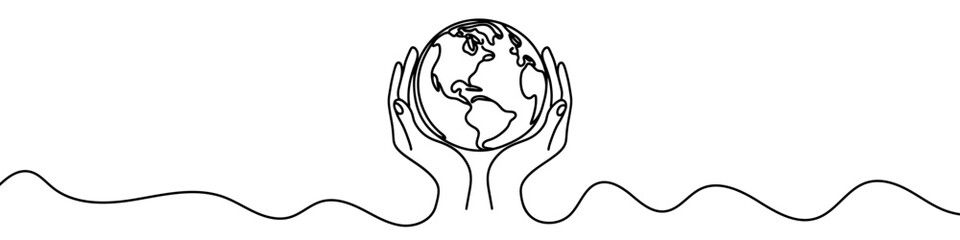 Wall Mural - linear planet earth in hands, isolated on white background. black hand drawn planet earth in hands. 