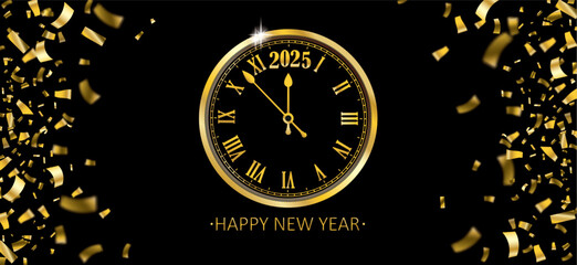 Wall Mural - 2025 Clock New Year Golden Confetti Black Header