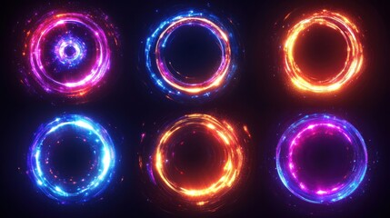 Poster - set of optical halo flares with neon light effects set. ring lens with glitter 3d digital design. ra