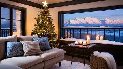 Poster - A cozy winter scene featuring a decorated Christmas tree and candles arranged in a living area with large windows showcasing snow-capped mountains in the background for the holiday season.