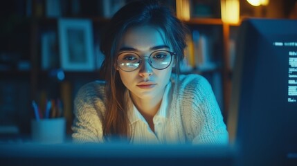 The portrait shot shows a concentrated middle-aged girl sitting at a desk in an IT company office writing program code on a computer screen while looking at the screen, Stock photo.
