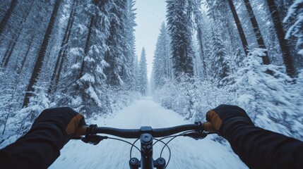 Aufkleber - Riding a bike down a snow-covered path in a dense forest, surrounded by tall trees blanketed in white. The chilly atmosphere adds to the thrill of this winter journey.