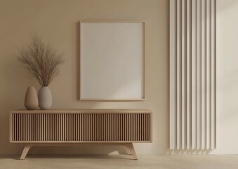 Fototapete - A minimalist interior featuring a wooden console, empty frame, and decorative vases against a beige wall, creating a serene and elegant atmosphere.