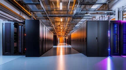 Poster - modern data center with rows of server racks illuminated by colored lights during nighttime