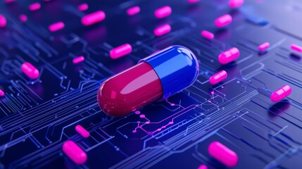 Poster - A digital pill represents AI-driven precision medicine on a network background.