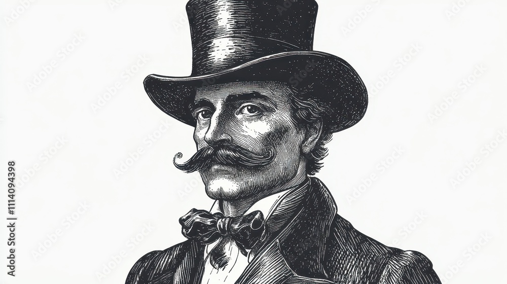 vintage engraving of man with mustache wearing classic top hat ...