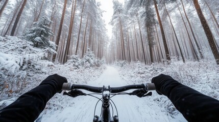 Aufkleber - Riding a bike along a snowy path through a dense forest. Snow-covered trees line both sides, and visibility is reduced by falling snow, creating a serene winter atmosphere.