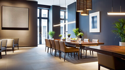 Poster - An elegant dining space showcasing a long wooden table with stylish chairs and contemporary decor, illuminated by sophisticated lighting to create a warm and inviting atmosphere.