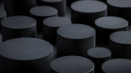 Wall Mural - Abstract composition of dark cylindrical objects layered on a muted black surface in a minimalist style