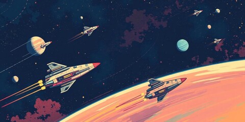 colorful retro-futuristic space wallpaper with vintage abstract galaxy illustration featuring planet