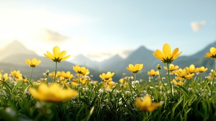 Wall Mural - Vibrant yellow flowers in a serene mountain landscape