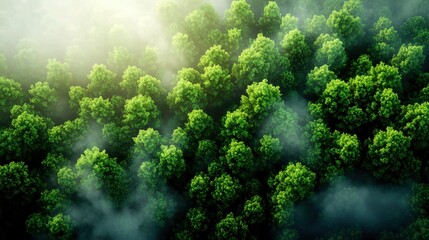 Wall Mural - Lush green forest canopy with misty atmosphere