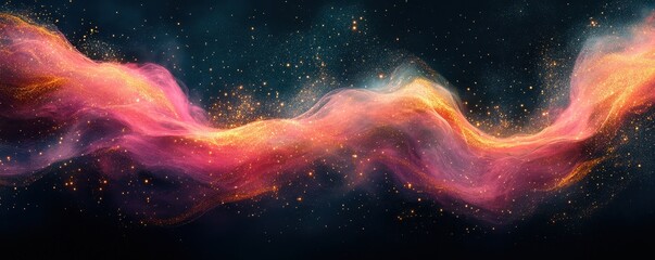 Wall Mural - grainy abstract background with a bright pink, olive, and gold glowing color wave on a black dark ba